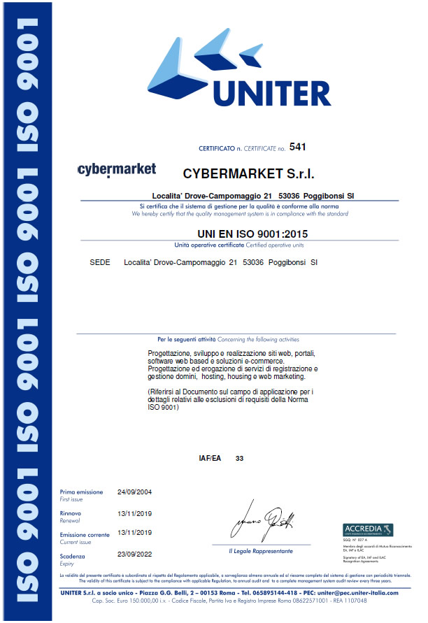 Aziende Certificate ISO 9001 2015 - Cybermarket